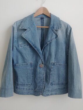 KIT XL ramie cotton light blue denim blazer jacket single button front pockets